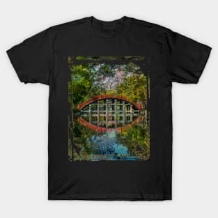 Japanese Garden Red Bridge Water Trees Collage Art 87 T-Shirt